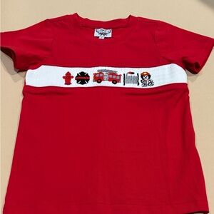 Boys Red Smocked Firetruck Shirt